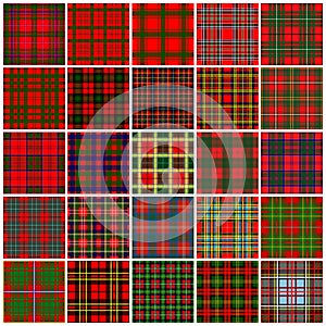 Set of 25 tartans, mostly red and green.. Tartan imitation for p