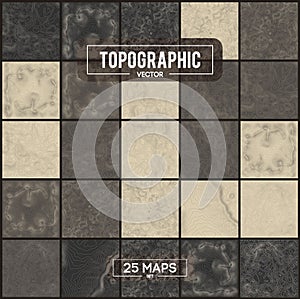 Set of 25 Topographic map contour backgrounds. Topo map with elevation. Contour map vector. Geographic World Topography