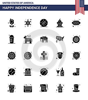 Set of 25 USA Day Icons American Symbols Independence Day Signs for hot dog; sweet; backetball; muffin; cake