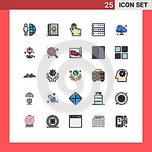 Set of 25 Vector Filled line Flat Colors on Grid for control, emission, click, server, data