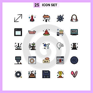 Set of 25 Vector Filled line Flat Colors on Grid for handfree, music, brush, headphone, gear