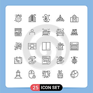Set of 25 Vector Lines on Grid for building, campsite, light, camp, tent