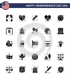 Set of 25 Vector Solid Glyph on 4th July USA Independence Day such as ball; usa; celebration; american; heart