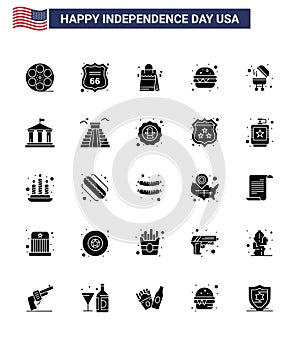 Set of 25 Vector Solid Glyph on 4th July USA Independence Day such as grill; barbecue; bag; meal; burger
