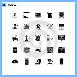 Set of 25 Vector Solid Glyphs on Grid for attorney, drawer, laptop, sand, beach