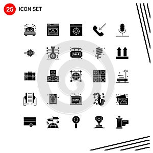 Set of 25 Vector Solid Glyphs on Grid for audio, outgoing, profile, mobile, target