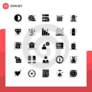 Set of 25 Vector Solid Glyphs on Grid for female worker, avatar, device, workflow, iteration