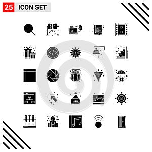 Set of 25 Vector Solid Glyphs on Grid for interface, book, studio lights, app, publish