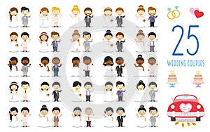 Set of 25 wedding couples and nuptial icons in cartoon style