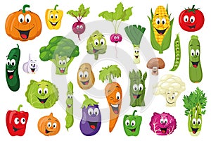 Set of 26 different vegetables in cartoon style Vector illustration