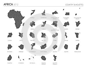 Set of 29 high detailed silhouette maps of African Countries and territories, and map of Africa vector illustration