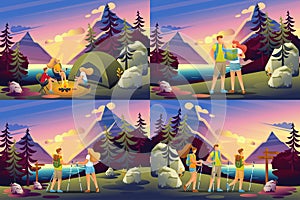 Set 2D Flat concepts of active recreation of people in the forest, camping. For Concept for web design