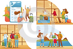 Set 2D Flat concepts tourists on vacation and at the airport. For Concept for web design