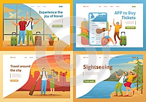 Set 2D Flat concepts tourists on vacation, at the airport, on excursions. For Landing page concepts and web design