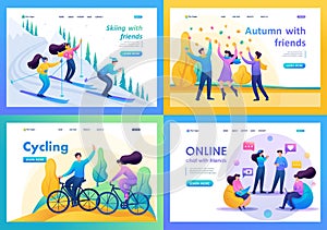 Set 2D Flat concepts, Young people have fun and rejoice, friendship. For Landing page concepts and web design