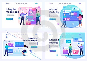 Set 2D Flat concepts young people using mobile apps for gadgets. For Landing page concepts and web design