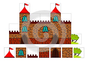 Set of 2d tileset for creating video game with medieval castle. Printable template for kids hardworking.