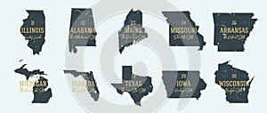 Set 3 of 5 Highly detailed vector silhouettes of USA state maps with names and territory nicknames