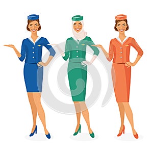 Set of 3 air hostesses Dressed In Uniform With Color Variants. Arab and European stewardess.