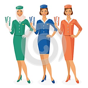 Set of 3 air hostesses Dressed In Uniform With Color Variants. Arab and European stewardess. Vector illustration