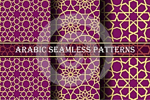 Set of 3 arabic patterns background. Geometric seamless muslim ornament backdrop. yellow on dark pink color palette