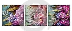 Set of 3 Botanical illustration for printing on wall decorations. Watercolor painting on canvas.