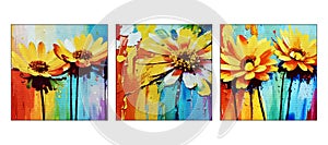 Set of 3 Botanical illustration for printing on wall decorations. Watercolor painting on canvas.