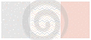 Set of 3 Bright Delicate Chevron, Hearts and Dots Vector Patterns. Irregular Tiny Dots Pattern.