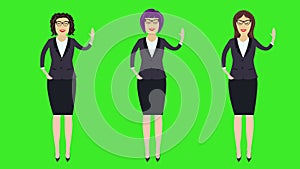 Set of 3 business women, hello welcoming gesturing by hand, cartoon animation, green screen chroma key