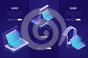 Set of 3 conceptual headings. Online books shop, digital library concept. Laptop and mobile devices with books inside