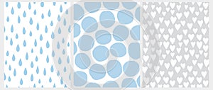 Set of 3 Cute Abstract Geometric Vector Patterns. Blue and White Dots, Hearts and Rain Drops.