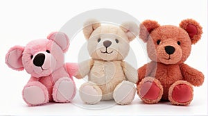 Set of 3 Cutout Stuffed Animal Toys, Isolated on White Background for Playful Delight.