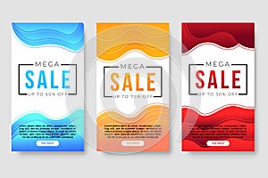 Set of 3 dynamic modern fluid design for mega sale banners. Sale banner template design, social media banner template, voucher,