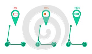 Set of 3 electric kick scooters with map location pin and battery charge indicator. Vector illustration.