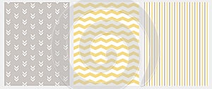 Set of 3 Geometric Seamless Vector Patterns. Gray, White And Yellow Design.Chevron, Stripes and Abstract Arrows.