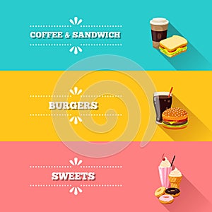 Set of 3 horizontal fastfood banners. Vector illustration, eps10.