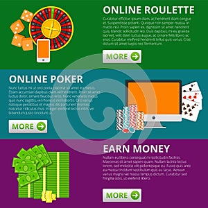 Set of 3 internet gambling flat banners. Poker and roulette. Online earning money vector concept.