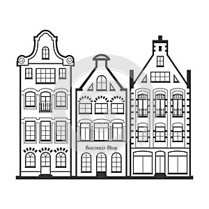 Set of 3 line style Amsterdam old houses facades