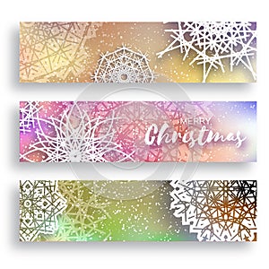 Set of 3 Merry Christmas banner with origami white snowflake.