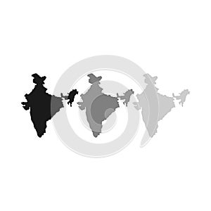 set of 3 political maps of india with regions isolated on white background. black and grey white color. india