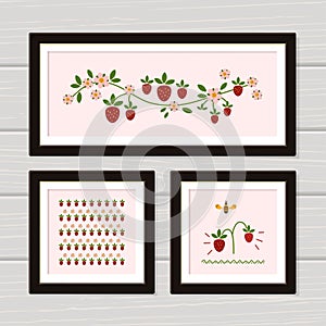 Set of 3 Prints. Home decor. Strawberry and bee wall art. Digital Printable Poster.