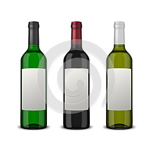Set 3 realistic vector wine bottles with blank labels isolated on white background. Design template in EPS10.