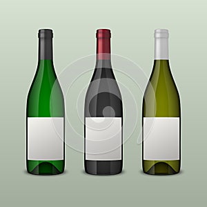 Set of 3 realistic vector wine bottles with blank labels isolated on white background. Design template in EPS10.