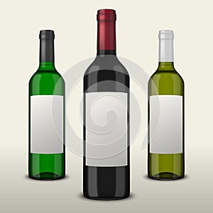 Set 3 realistic vector wine bottles with blank labels on white background. Design template in EPS10.