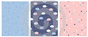 Set of 3 Seamless Vector Pattern with Blue, Pink and White Dots, Clouds and Stars. Pink and Blue Background.