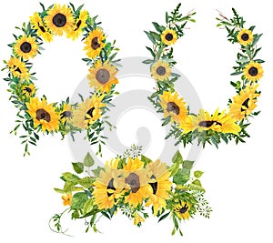 Set of 3 sunflower arrangements,wreaths and bouquet