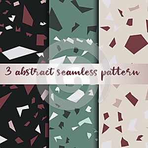 Set of 3 terrazzo inspired vector seamless patterns. Made in warm colours and earthy tones. Use for ceramic tiles, wallpaper, lino