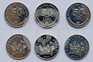 Set of 3 (three) different years Croatian republic 50 Lipa copper-nickel coins lot 1993, 1995, 2007 year, Croatia.