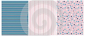 Set of 3 Varius Abstract Vector Patterns with Dots, Lines and Zigzags.