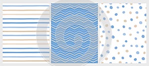 Set of 3 Varius Abstract Vector Patterns. White, Beige and Blue Design.